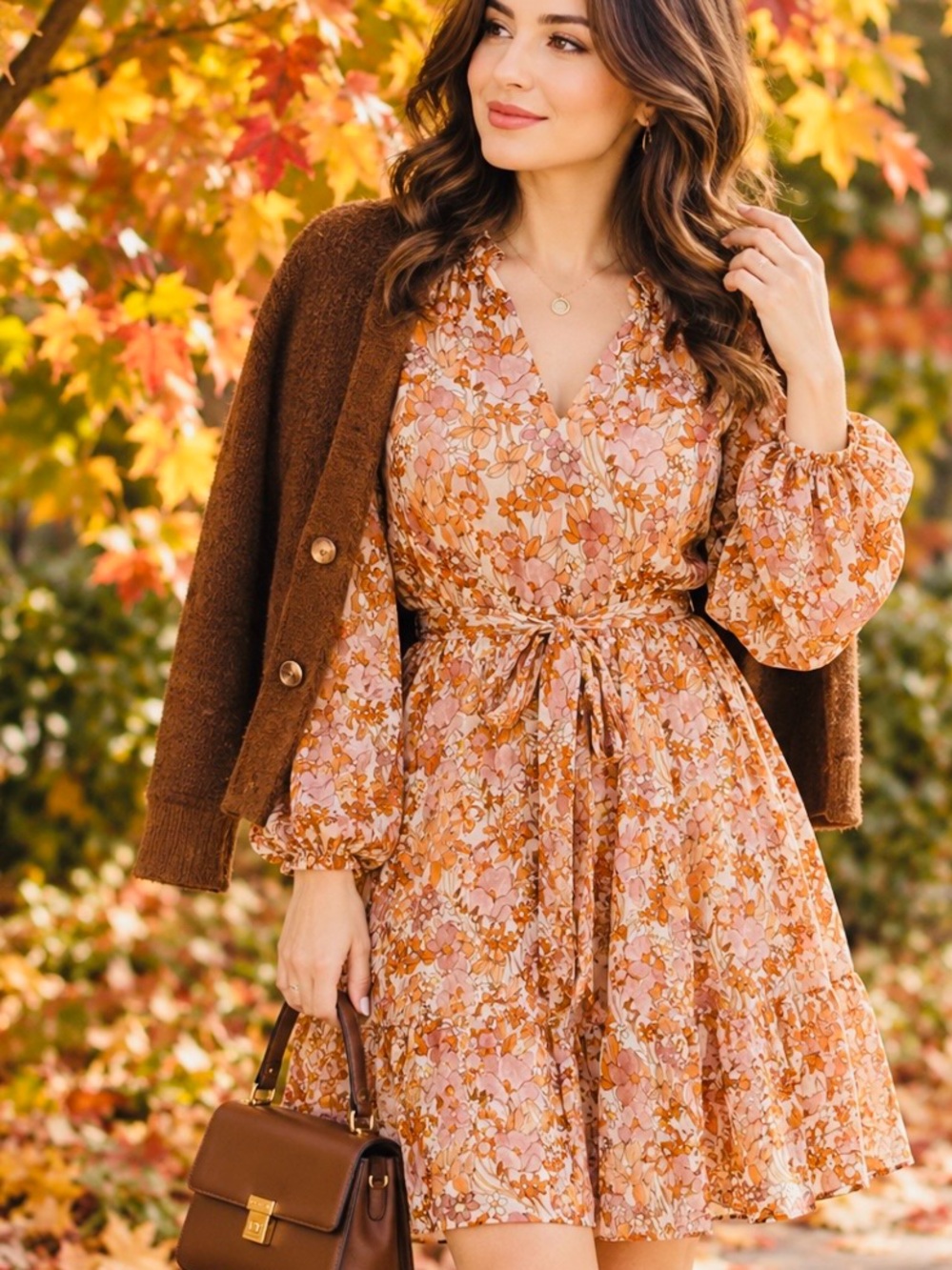 Rye grass  fall lookFloral Tie-Waist Mini Dress in Warm Rust and Blush
